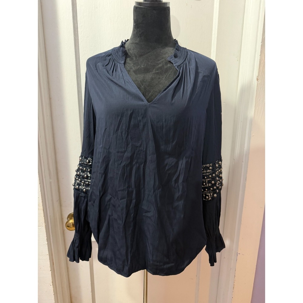 Chicos Navy Long Sleeve Top with Beaded Detail in 12